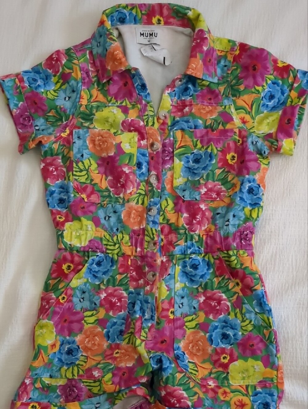 Show Me Your Mumu Vibrant Floral Denim Short Romper- Medium - Picture 4 of 5
